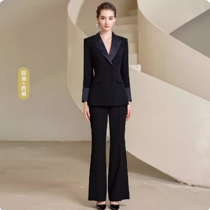 Spring and Autumn Fashion High-end Sense Satin Stitching Black Business Dress Elegant Goddess Fan Micro-pants Suit suit OL