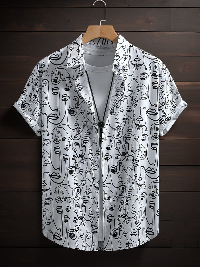 Men's Short-sleeved Shirt Figure Line Printing Foreign Trade Men's Casual Fashion Weiyi Holiday Summer 2025 New