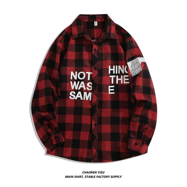 Letter printed plaid shirt men's spring and summer fast hand online celebrity same slim-fit long sleeve shirt thin coat fashion