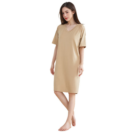 7A Antibacterial Short-sleeved Nightgown Women's Summer Cool Solid Color V-neck Women's Home Wear Outfit Spring and Summer Nightgown with Chest Pad