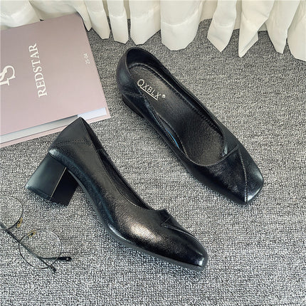 Work Shoes Women's Square Head Black Professional Work Interview Thick Heeled Middle Heeled Stewardess Flat Single Shoes Women