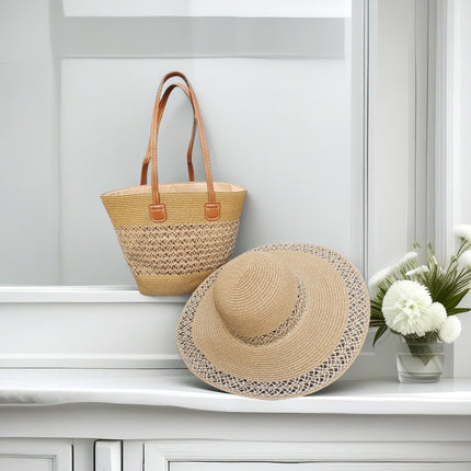 Cross-Border Straw Hat Straw Bag Two-Piece Set Sun Hat Large Capacity Striped Tote Bag Shoulder Bag Beach Bag Factory Store