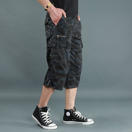 Summer Cargo Pants, Thin, Loose, Plus-Size Men's Shorts, Multi-Pocket Mid-Length Pants, Outdoor Casual Seven-Point Pants, High-Waisted for Men