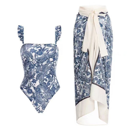 2023 European and American Conjoined Conservative Belly Covering Beach Hot Spring Swimsuit for Women French Retro Conjoined Bikini Two-piece Set