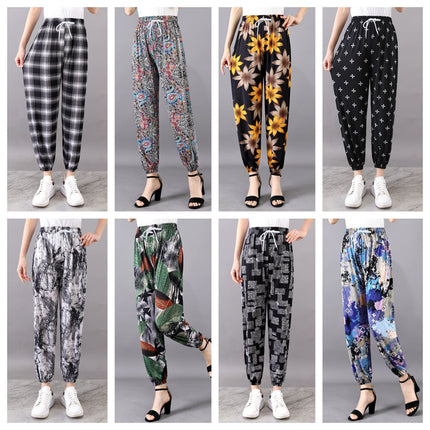 Cross-Border Popular Summer Women's Ice Silk Pants for Middle-Aged and Elderly, Loose Casual Home Pants, Elastic Plus-Size Pants for Square Dancing