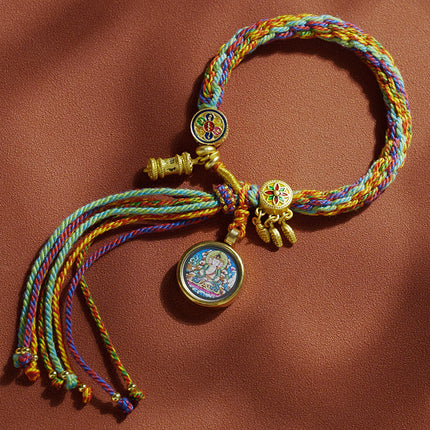 Thangka Xizang Hand Rope Hand-woven Ethnic Style Bracelet Five-way God of Wealth Green Mother Wen Zhu Thangka Bracelet