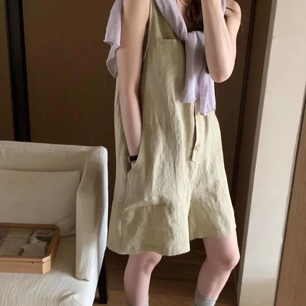 2025 Niche Summer New V Neck Pure Color Button Sleeveless Loose Casual Jumpsuit Shorts Women's Thin Trendy Ins Shorts