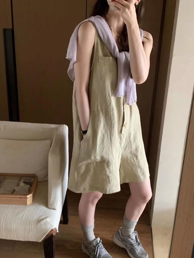 2025 Niche Summer New V Neck Pure Color Button Sleeveless Loose Casual Jumpsuit Shorts Women's Thin Trendy Ins Shorts