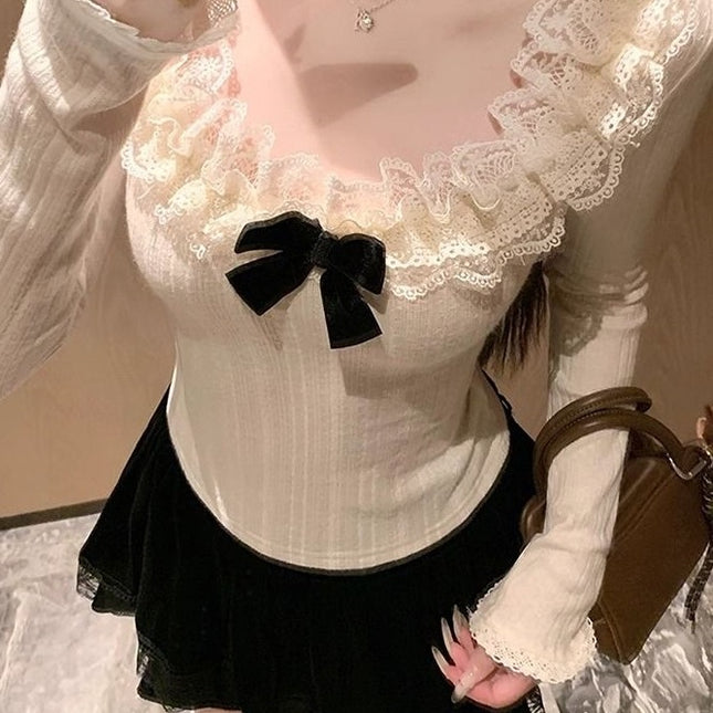 Winter New Sweet Style Lace Splicing Long-Sleeved Shirt for Women Niche Chic Slimming Age-Reducing Bottoming Top Trend
