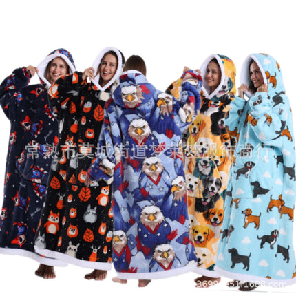 Amazon Autumn and Winter Europe and the United States New Lazy Men's and Women's Bathrobe Hoodies Printed Thickened Long Nightgown Coral Fleece