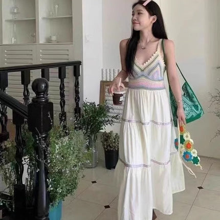 Summer women's national style sling hollow stitching dress new style sling skirt holiday style