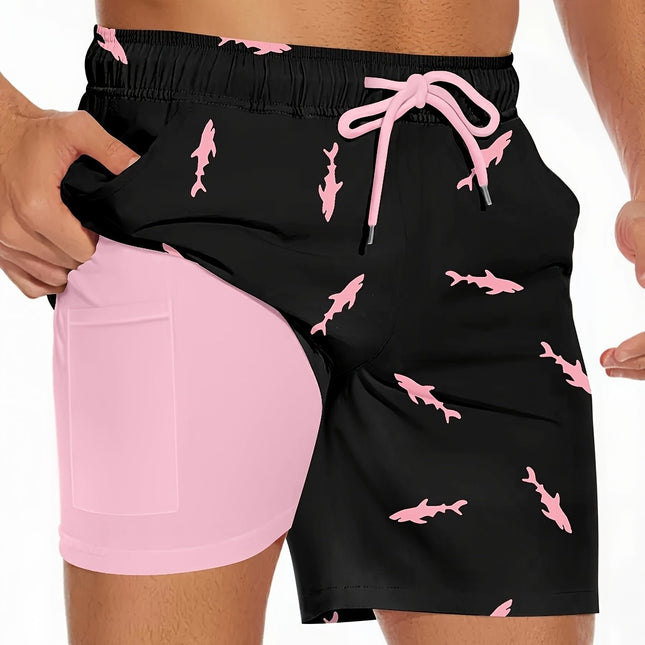 Men's Shark Pattern 2 in 1 Board Shorts with Drawstring and