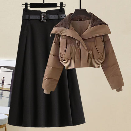 Winter wear small cotton-padded jacket coat with a set of new autumn and winter thick wool skirt two-piece suit