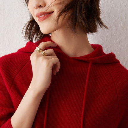 Early Autumn New Hooded Women's Simple Solid Color Yuanbao Needle Hoodie Loose Slimming 100 Pure Cashmere Knitted Sweater