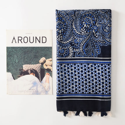 2023 New Sunscreen Beach Towel Travel Outer Wear Shawl Ethnic Style Xizang Blue Cashew Flower Cotton Linen Hand Scarf