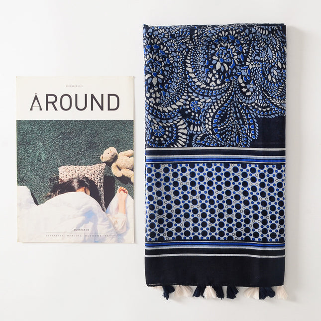 2023 New Sunscreen Beach Towel Travel Outer Wear Shawl Ethnic Style Xizang Blue Cashew Flower Cotton Linen Hand Scarf