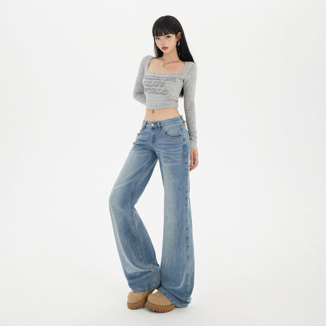 2025 American Retro Low-Waist Bootcut Pants for Women in Autum New Loose and Slim Floor-Length Jeans