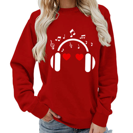 Music Headphones Love Printed Round Neck Women's Top Sweatshirt Foreign Trade Supply Autumn and Winter Coat Casual Loose European Size
