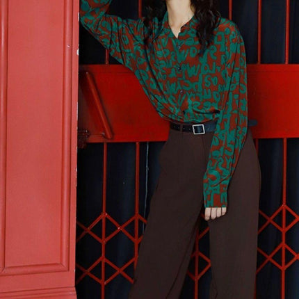Top women's design sense niche light familiar shirt 2022 spring and autumn vintage printed green long sleeve mermaid Ji shirt fashion