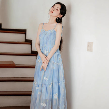 ycfs1638 summer new design sense holiday style blue embroidered skirt sunscreen cardigan two-piece set
