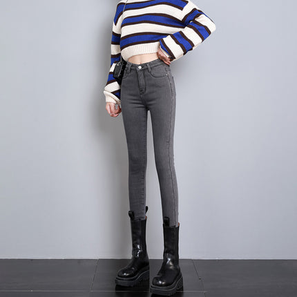 High-Waisted Blue Fleece-Lined Jeans for Women, Stretchy Skinny Pants, 2025 Autumn and Winter New Fleece Pencil Pants