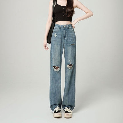 Ripped Jeans Women's Summer Thin Straight Loose 2024 New High Waist Wide Leg Draping Slimming Floor Trousers