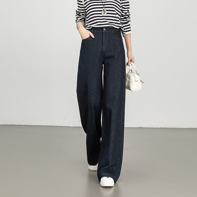Popular Commuter Fashion Jeans for Women, Spring and Autumn Vintage Straight-Leg Flared Pants, High-Waisted Long Pants, Floor-Length Yarn-Dyed Shiny Silk