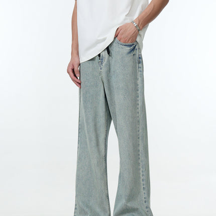 11Kn American Drawstring Bootcut Jeans for Men and Women Retro Blue Ripped Lightning Washed Slimming Look Casual Pants