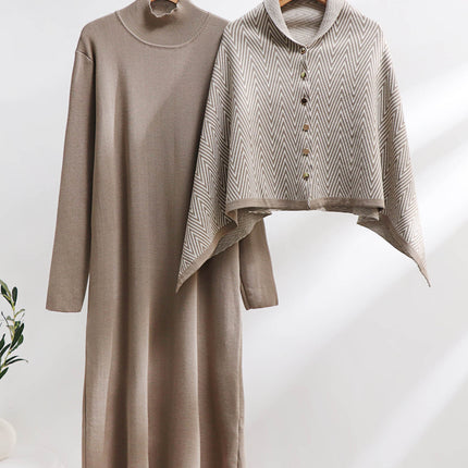 Cross-Border Women's Fashion Elegant Long-Sleeved Dress Autumn and Winter Set Women's Knitted Long Skirt Slimming Shawl Two-Piece Set