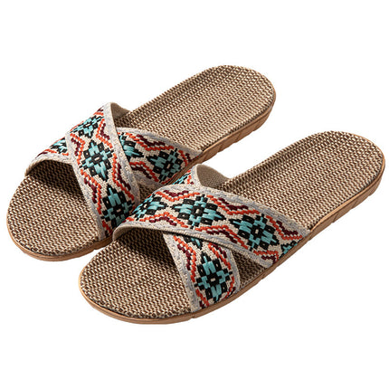 Open Open Toe Cross Linen Four Seasons Men and Women Couple Home Floor Slippers Linen Summer Sandals