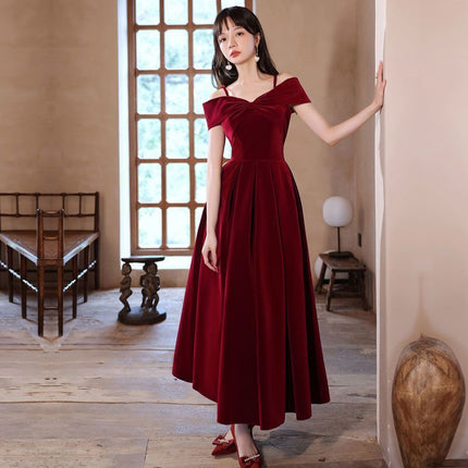 Sling off-shoulder engagement dress women's niche toast bride A- shaped wedding banquet back door dress