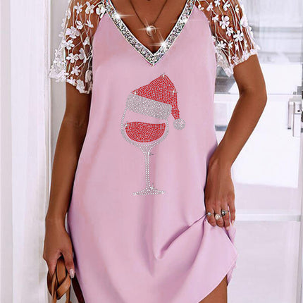 in stock 2025 new European and American Amazon AliExpress wish fashion three-dimensional lace raglan sleeve hot drilling dress