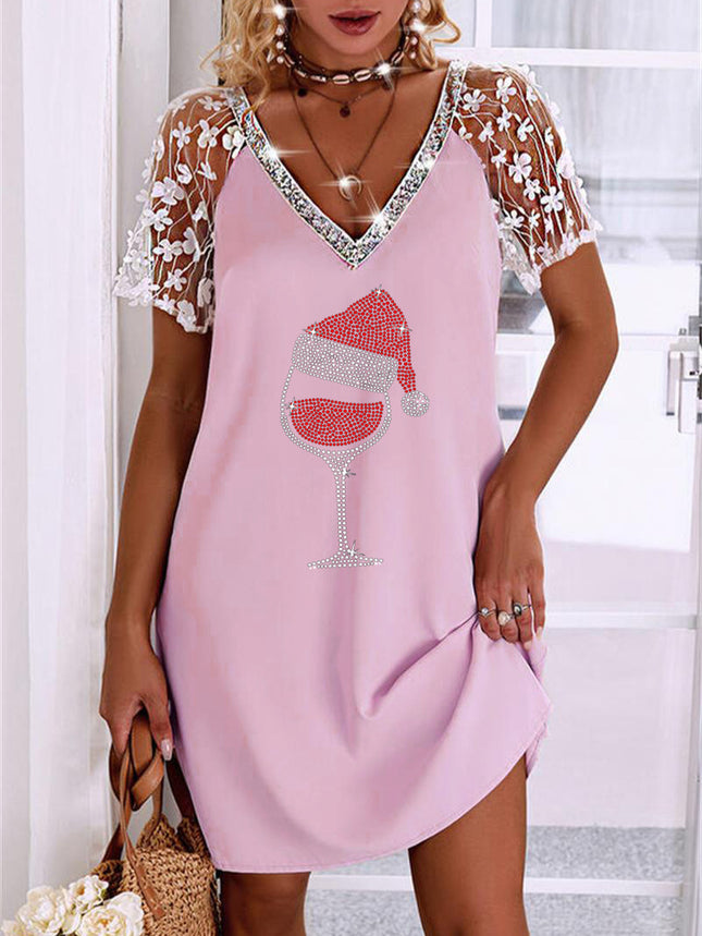 in stock 2025 new European and American Amazon AliExpress wish fashion three-dimensional lace raglan sleeve hot drilling dress