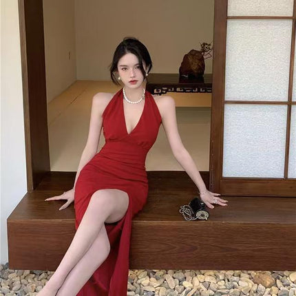 Hong Kong Style Vintage wine red Sleeveless Sexy Backless Split Neck Strap dress Beach Long Dress for Seaside Holiday