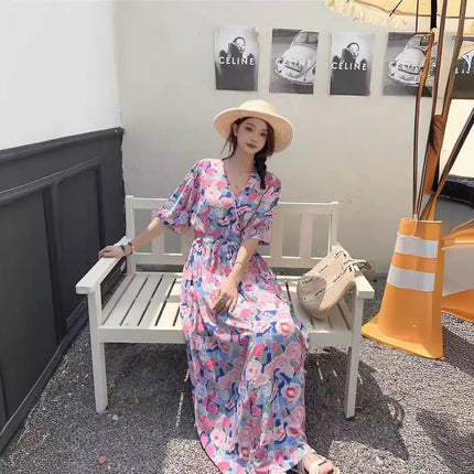 Cotton floral dress 2024 new thin waist pure wind Amazon artificial cotton beach dress fairy dress