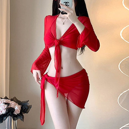 Hot Bikini Swimsuit Women's Four-Piece Set Sexy Pure White Spice Girl Hot Spring Vacation Sunscreen Swim Dress