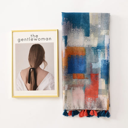 Spring and summer new color mosaic printing long tassel decorative cotton and linen hand scarf travel sunscreen beach towel