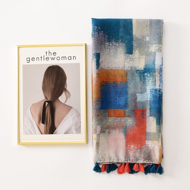Spring and summer new color mosaic printing long tassel decorative cotton and linen hand scarf travel sunscreen beach towel