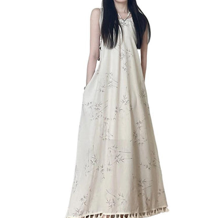 New Chinese Style Light Guofeng Skirt Hem Tassel Elegant Sling Loose Cool Zen dress Seaside Vacation