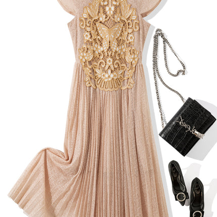 L6961 2025 summer women's new round neck applique decorative mesh pleated short sleeve dress