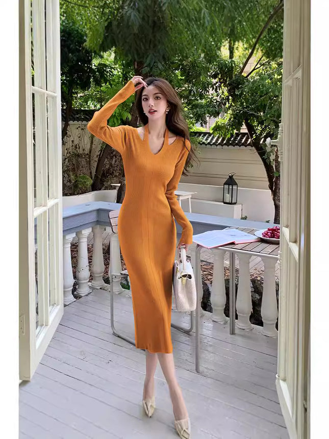 2024 Cross-border High-end Temperament Goddess Fan Long-sleeved dress Women's Sexy Chic Unique Hip Skirt