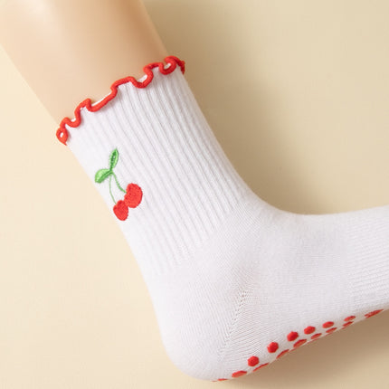Yoga socks ladies mid-tube socks dispensing non-slip agaric lace cherry embroidery professional training running Pilates
