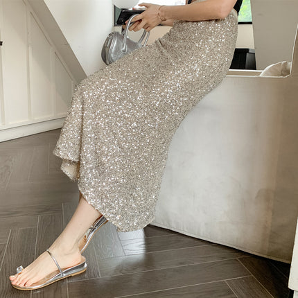 Real shot 2024 spring and summer new eye-absorbing heavy-work sequins fishtail skirt long skirt high waist women