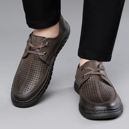 2023 Summer Men's Lace-Up Soft Leather Casual Shoes Hollow Cross-Border Rubber Sole Croc Shoes Baota Breathable Leather Sandals