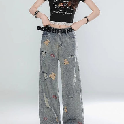 Fun Cartoon Bear Embroidered Ripped Jeans for Women Retro Washed High Waist Slim Loose Floor-Length Wide Leg Pants