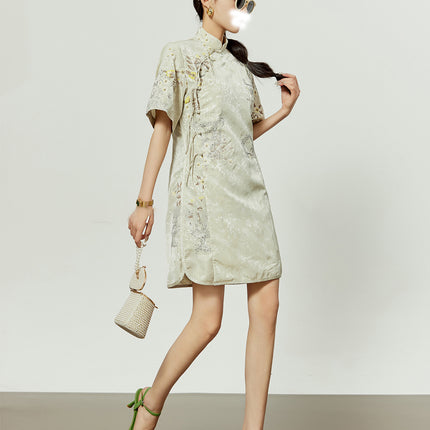 New Product, New Chinese Style, Improved Cheongsam for Women, High-End, Sweet and Cute Jacquard Improved Slit Short Dress