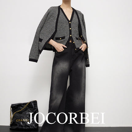 JOCORBEI [retro gradient washed black] high waist wide leg floor jeans women's large straight tube grandma pants