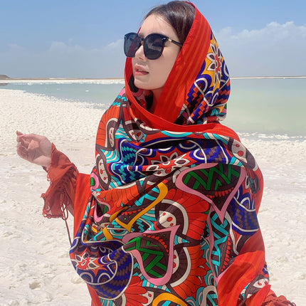 Ethnic Style Printed Silk Scarf Women's Seaside Travel Sun Protection Gauze Air Conditioning Warm Scarf Versatile Long Shawl