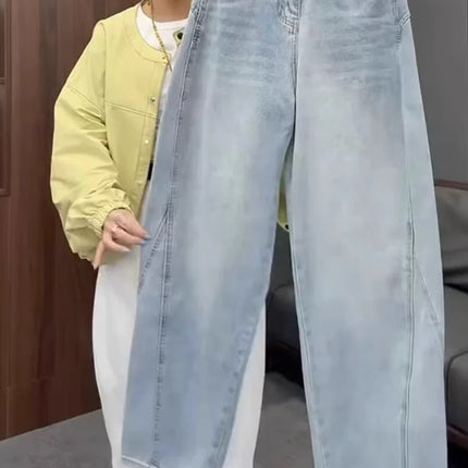 Plus Size Straight-Leg Jeans for Women, Autumn Thin Style 2025 New Curved Knife Pants, Slimming Wide-Leg Pants for Curvy Women