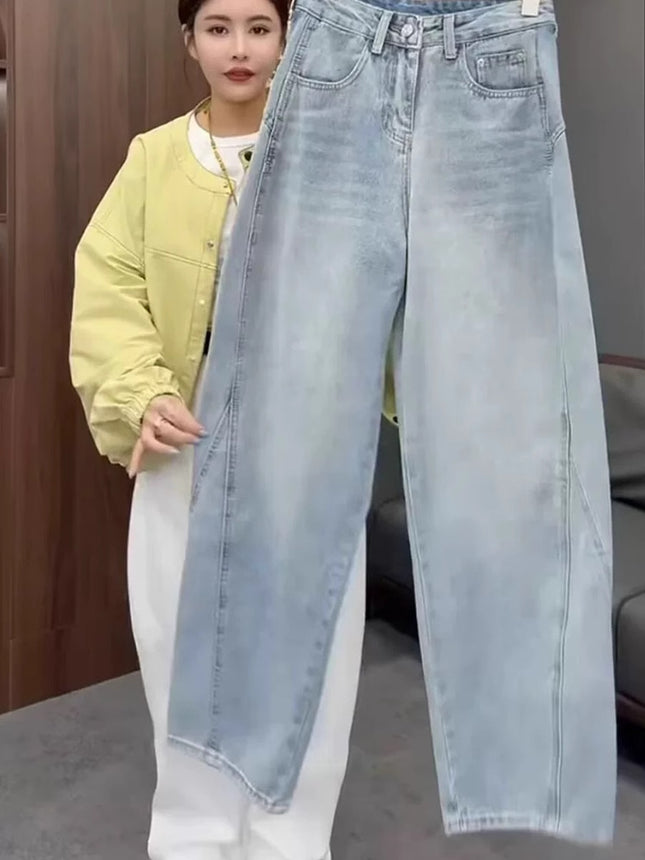 Plus Size Straight-Leg Jeans for Women, Autumn Thin Style 2025 New Curved Knife Pants, Slimming Wide-Leg Pants for Curvy Women